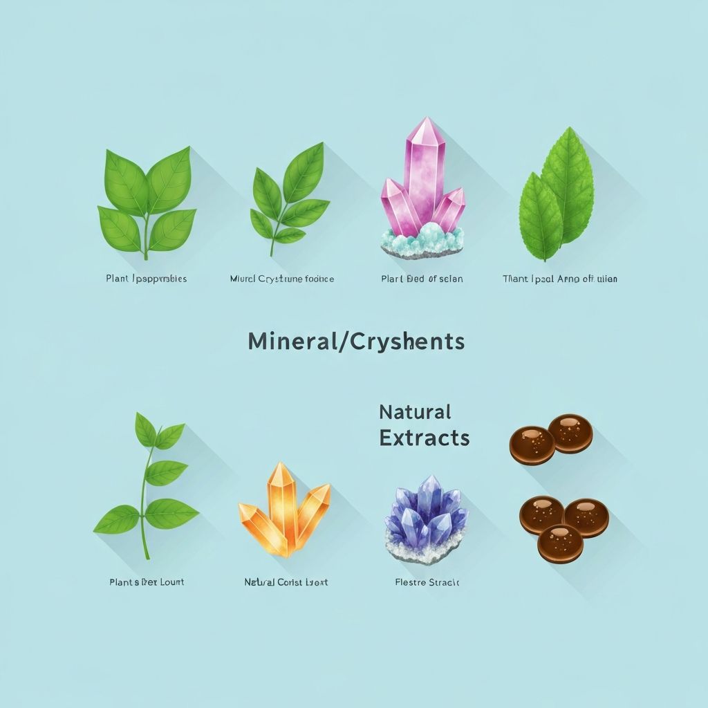 Trzy kategorie pochodzenia składników: rośliny, minerały i ekstrakty